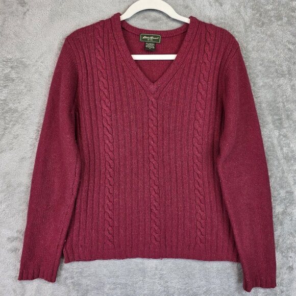Eddie Bauer Sweaters - Eddie Bauer Sweater Womens Medium Red Angora V Neck Cable Knit Elbow Patch